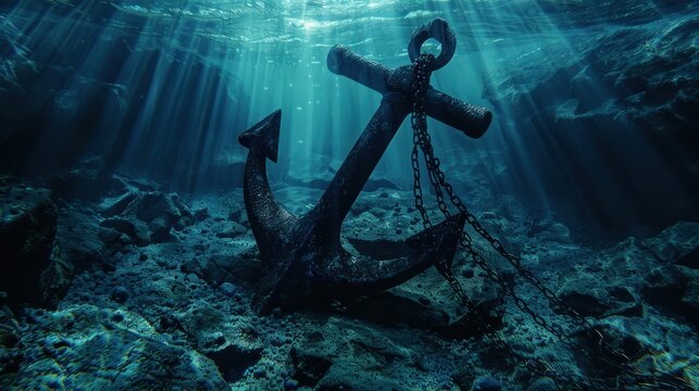 Underwater exploration sunlit anchor and chain on ocean floor with travel vibes and adventure theme