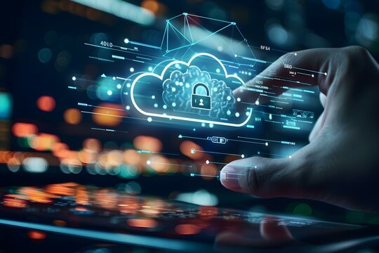 Hand interacting with a digital cloud padlock on a touchscreen, symbolizing secure data storage and advanced cybersecurity measures
