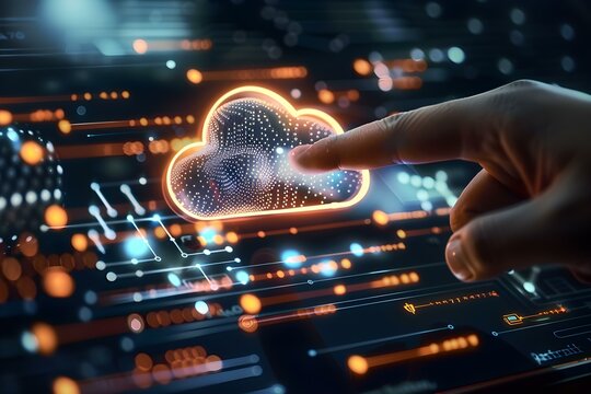 Hand interacting with a digital cloud padlock on a touchscreen, symbolizing secure data storage and advanced cybersecurity measures