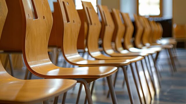 A closeup of the sleek and modern design of the wooden chairs adding a touch of elegance to the multipurpose hall.
