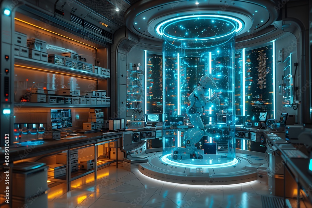 Poster futuristic laboratory with robot working in transparent chamber