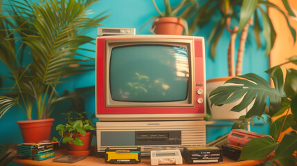  A retro-style TV set with VHS tapes and game consoles, placed on an indoor table surrounded by...