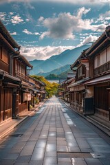 Obraz premium An empty street in the center of the frame, surrounded by traditional japanese houses