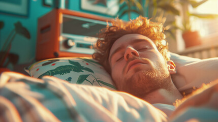 A young man is sleeping in bed surrounded by a music system and morning light in a retro style with warm colors