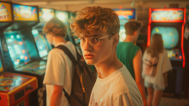 young man with glasses in front of arcade machines at an old school video game mall, surrounded by friends