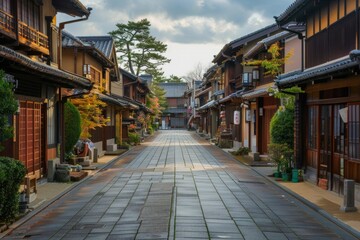 An empty street in the center of the frame, surrounded by traditional japanese houses