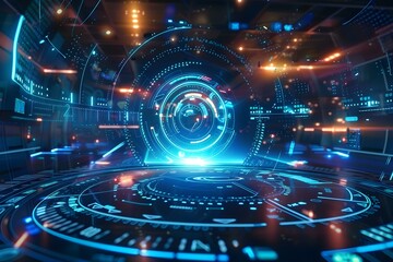 Fototapeta premium Futuristic VR Interface with Holographic Display and Digital Data Streams