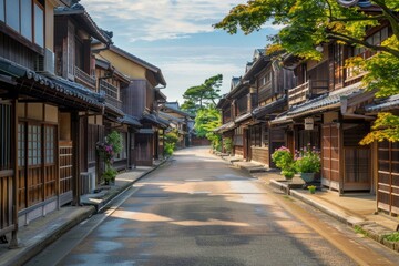 An empty street in the center of the frame, surrounded by traditional japanese houses
