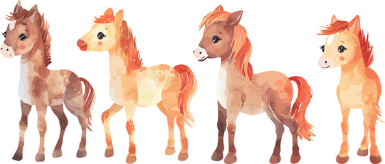 Charming Hand-Drawn Watercolor Illustration of Cute Horses, Perfect for Artistic Projects, Prints, and Decor