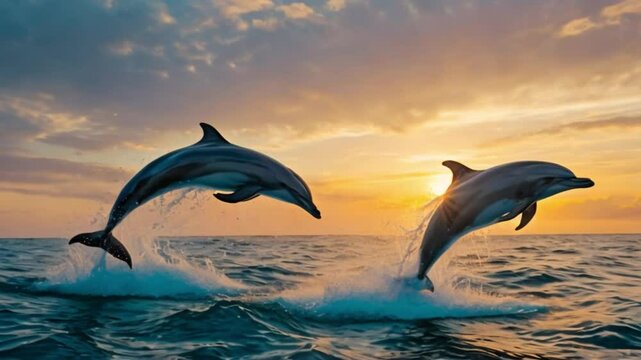 A group of dolphins jumping out of the ocean at sunset