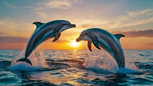 A group of dolphins jumping out of the ocean at sunset