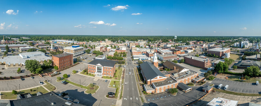 Aerial view of Rocky Mount Nash County North Carolina, typical small town USA with main street, Methodist church, public buildings