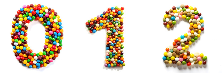 Numbers 0, 1, 2.  Colorful Candy Confetti Alphabet: Sweet and Festive Letters.