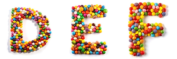 Letters D, E, F. Colorful Candy Confetti Alphabet: Sweet and Festive Letters.