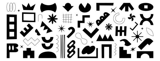 Abstract shapes, basic brutal forms and retro figures in Y2K aesthetics, vintage stickers, logos and labels. Decorative design element set, vector illustration.