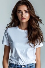 Fototapeta premium White tshirt mockup on woman model created with Generative AI