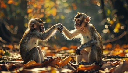 Two monkeys are sitting on the ground in a forest, holding hands. AI.