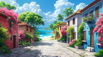 Obraz premium Colorful Houses and Palm Trees Line a Cobblestone Street Leading to a Beach on a Sunny Day