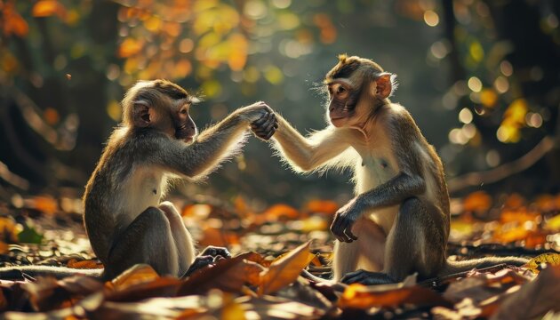 Two monkeys are sitting on the ground in a forest, holding hands. AI.