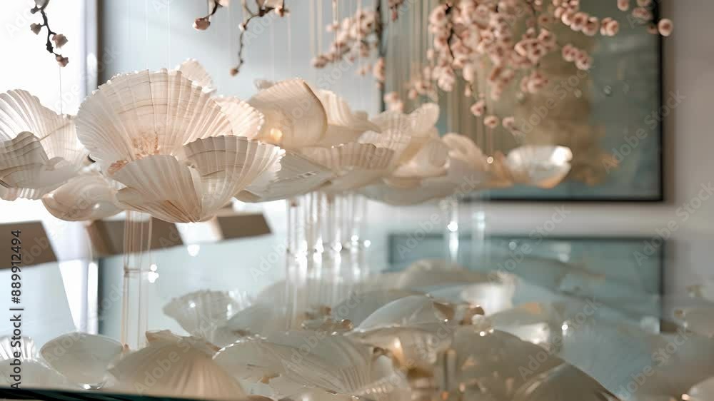 Poster an elegant dining table with a glass top supported by delicate overlapping seashell patterns appeari