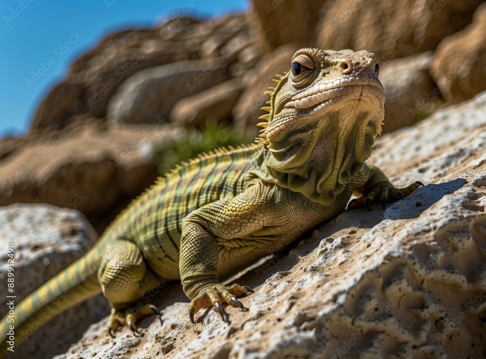 Poster A close-up of a green iguana on a rock. AI.