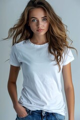 Fototapeta premium White tshirt mockup on woman model created with Generative AI