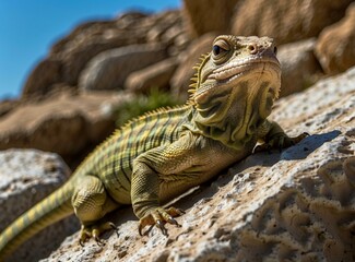 Obraz premium A close-up of a green iguana on a rock. AI.
