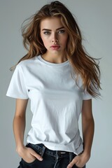 Fototapeta premium White tshirt mockup on woman model created with Generative AI