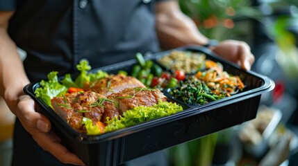 Healthy food. Man holding a plastic black container box with healthy fitness meal including white meat, fresh green salad and vegetables. Tasty lunch with high protein foods, for muscle building.