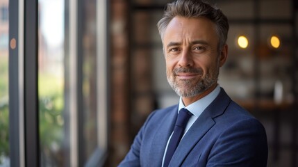 Fototapeta premium Mature man executive and portrait with smile from legal building