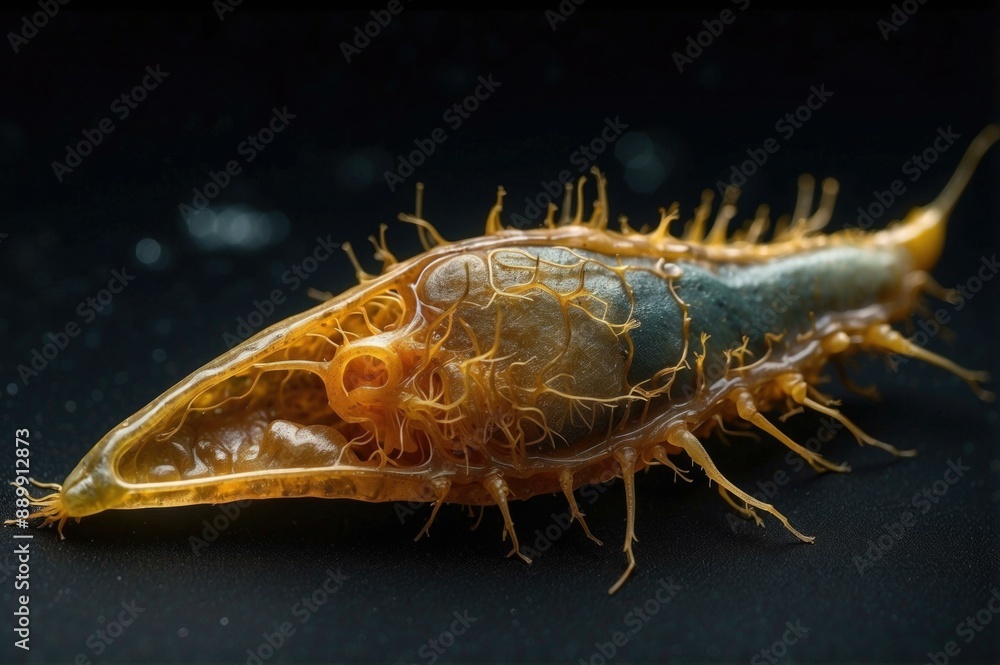 Poster close-up of a translucent jellyfish-like creature with visible internal organs. ai.