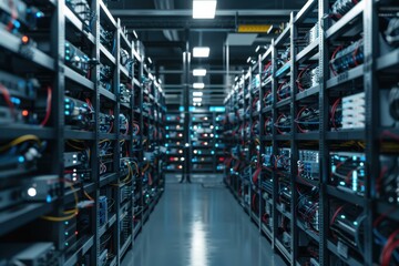 Rows of server racks with bright lights reflecting off the shiny floor. AI.