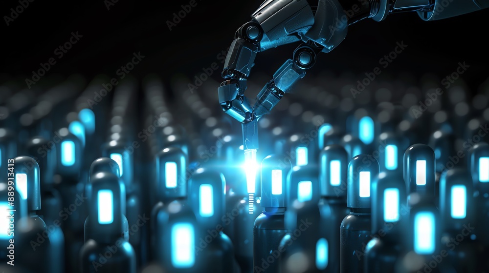 Aufkleber robotic hand selecting a glowing object from a row of identical ones.