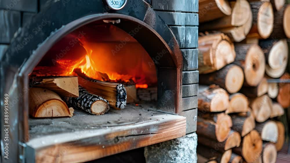 Poster a closeup of the door of a woodfired pizza oven with flames visible inside and logs stacked in a nea