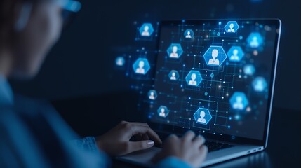 Digital Networking, person at laptop analyzing virtual connections in a dark room, illuminated holographic icons of people floating on the screen.