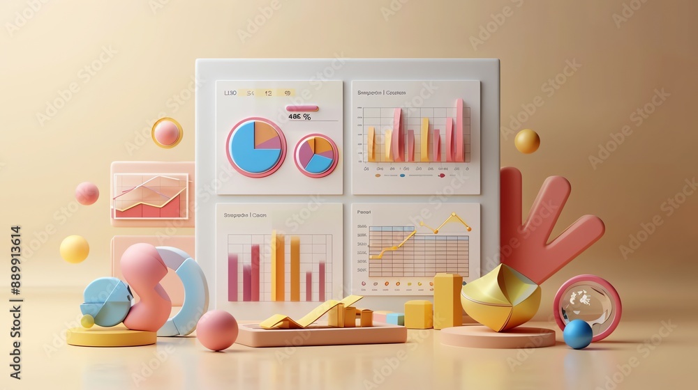 Poster 3D rendering of colorful graphs and charts with pastel background.