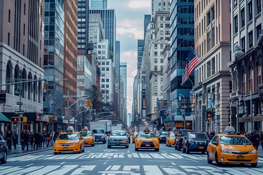 Yellow Taxis Navigating Busy Midtown Manhattan Street