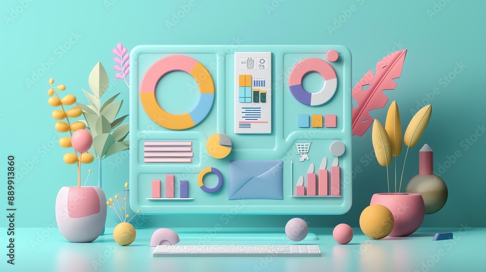 Aufkleber 3D computer with colorful charts and graphics.