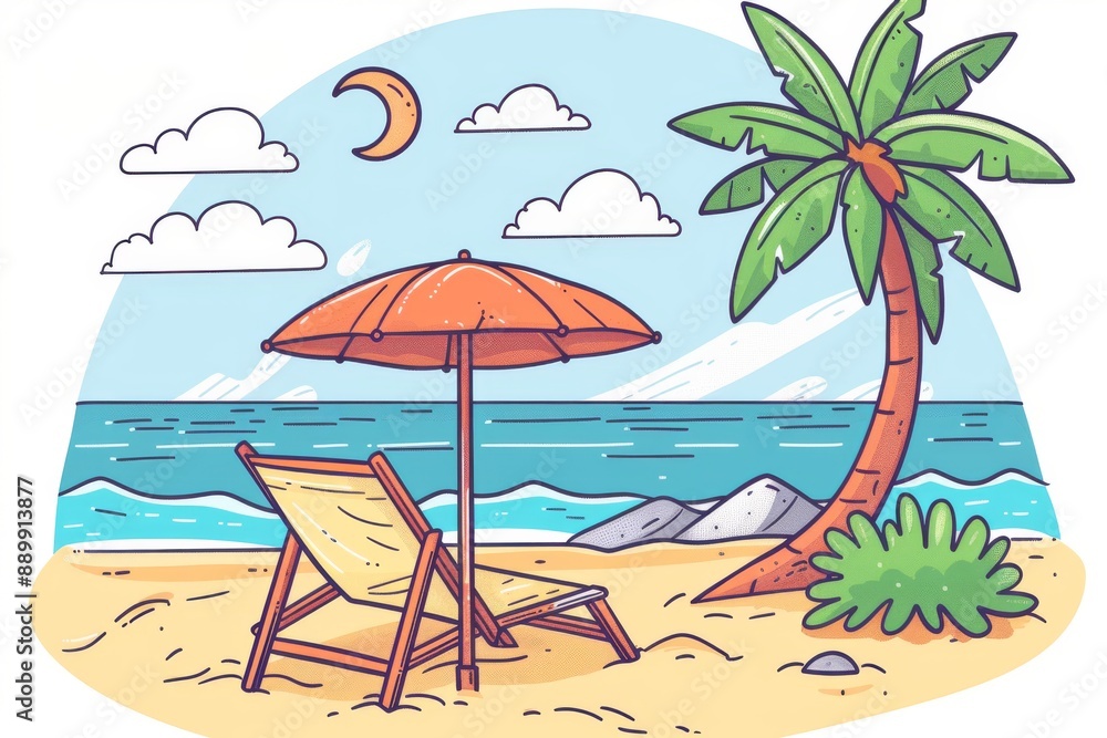 Canvas Prints Cozy beach scene with umbrella and chair under a bright sky in a relaxing detailed illustration