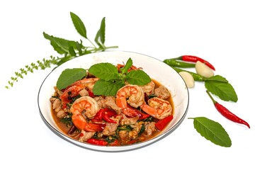 Serving Stir-fried shrimp with basil on bamboo mat with white background and concept food spicy and delicious.