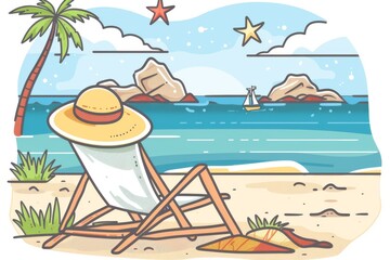 Obraz premium Relaxing beach scene with chair and hat under a bright sky in a serene inviting illustration