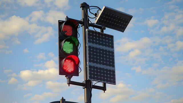 A traffic signal controller with a solar panel attached controlling the timing and sequencing of the lights.
