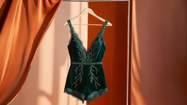 A beautiful playsuit with a unique design and a comfortable fit, on a hanger.