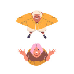 Two Cheerful People Looking Up With Joyful Expressions. Vector Illustration Portrays Happiness, Excitement And Optimism