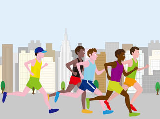 Obraz premium 国際的なスポーツ大会のマラソンを走るランナー。