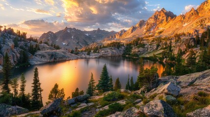 Fototapeta premium A beautiful lake surrounded by mountains with a warm orange