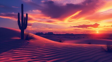 A desert landscape with a cactus in the foreground