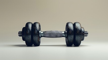 1. A minimalist image with a white background featuring a single black dumbbell, positioned in the center