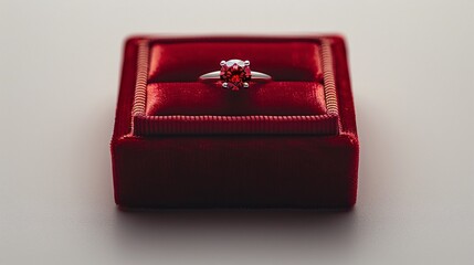 7. A minimalist image with a white background featuring a single wedding ring in a red velvet box, positioned in the center