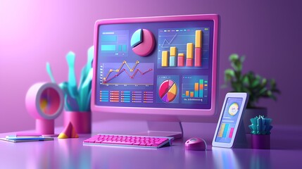 Fototapeta premium 3D render of a computer desktop with colorful charts and graphs.